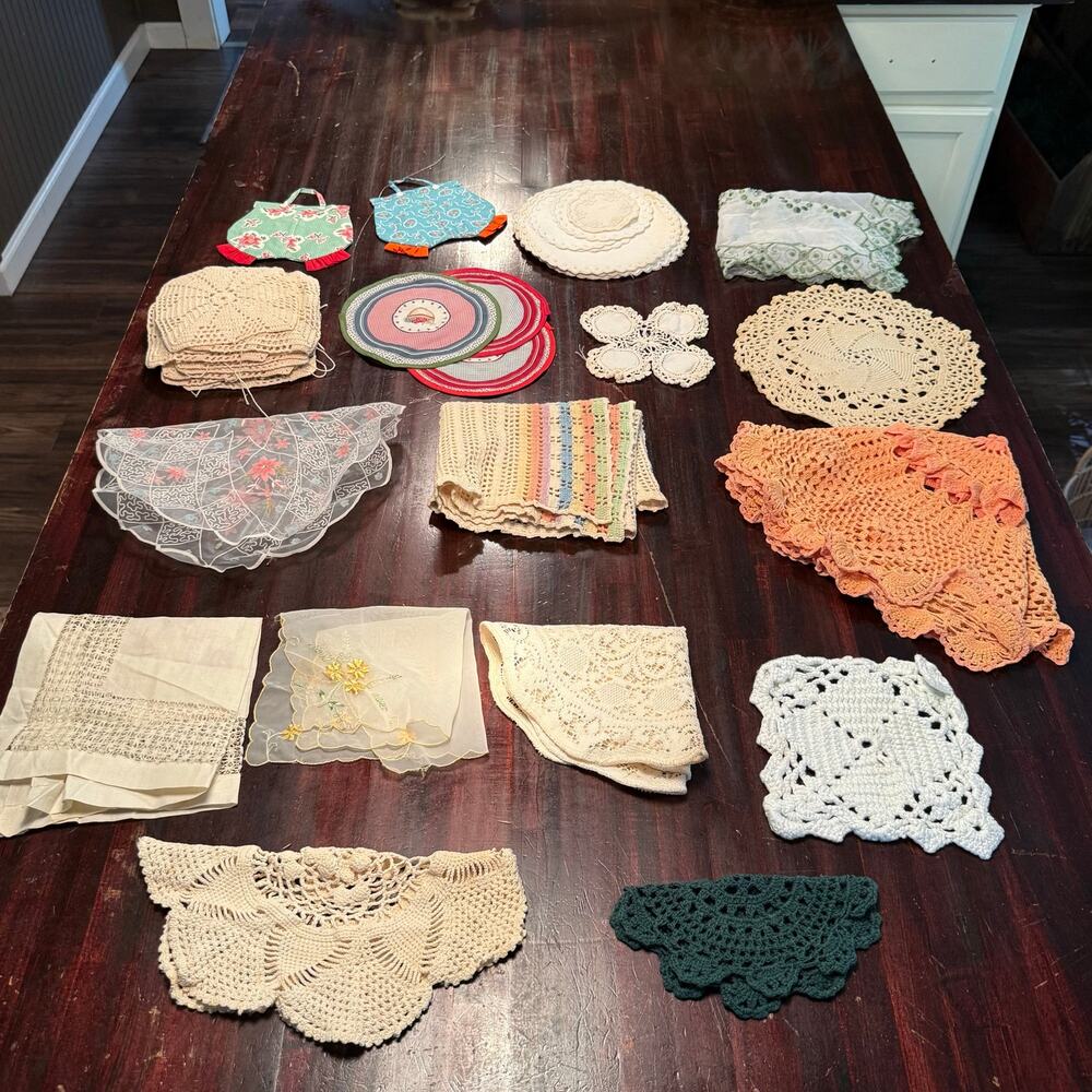 Vintage Crochet Doilies/Linens Lot-Table Runners, Coasters, Novelty Pot Holders